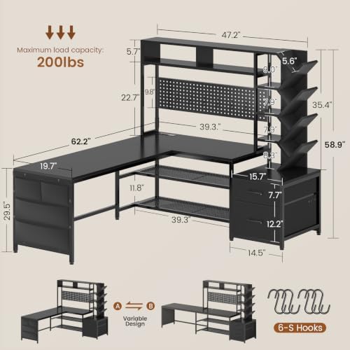 SEDETA L Shaped Gaming Desk with Hutch, Convertible 97.6" Two Person Office Desk with Drawers and Bookshelf, Corner Computer Desk with Power Outlet, LED Lights, Black - Image 2