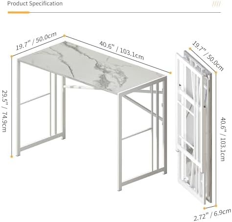 Lutown-Teen 40 inch Folding Computer Desk, White Marble - Image 3