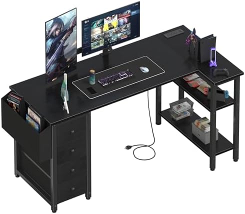 Lufeiya L Shaped Gaming Desk with Drawers & Storage Shelves, 55 Inch Corner Computer Desk with Power Outlet for Home Office Bedroom, L-Shaped Teen PC Desks with Fabric Drawer, Black by LUFEIYA