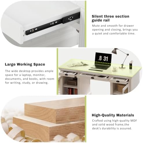 67" Large Executive Office Desk, Modern White Wood Office Computer Desk, Rectangle Home Office Desk with 2 Wooden Doors Storage Cabinet and 3 Drawers, Writing Table,Workstation (White+Glass, 67") - Image 4