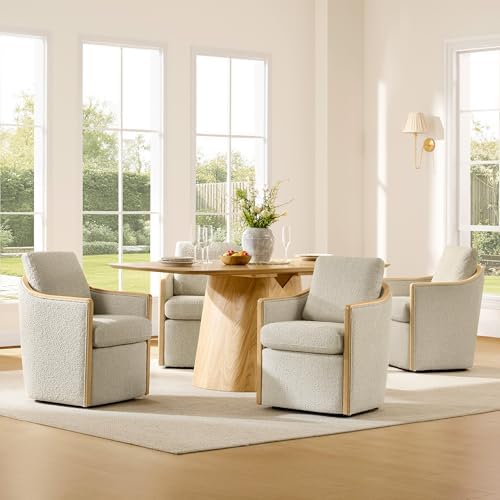 CHITA Upholstered Dining Chairs Set of 4 with Hidden Casters, Oatmeal by Unknown