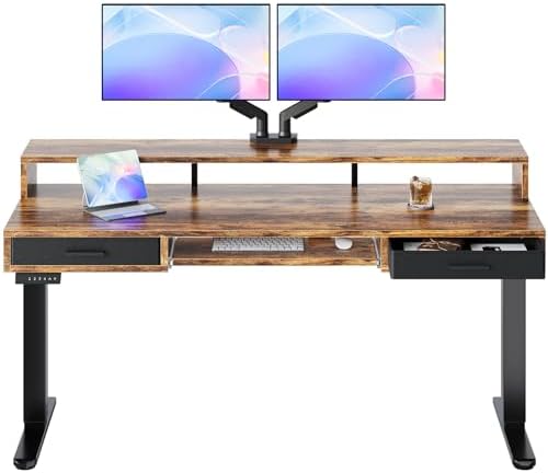 HUANUO 63″ X 26″ Electric Standing Desk with 2 Drawers &24.4″ Large Keyboard Tray, C-Clamp Mount Compatible, Adjustable Computer Desk for Office, Sit Stand Up Desk with 4 Height Presets, Vintage Brown by HUANUO