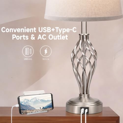 Ruiever Touch Table Lamps Set of 2, nightstand lamp with USB Ports Bedside 3 Way Touch dimmer Desk lamp for Living Room Bedroom,Nickel Plated Spiral cage Base Design Warm White dimmer Bulbs Included. - Image 4