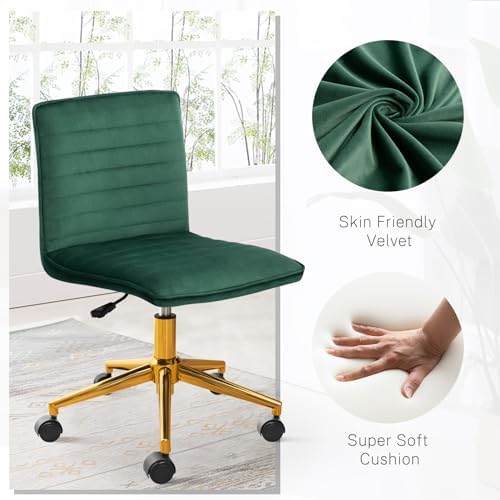 Furniliving Armless Vanity Chair with Wheels, Computer Rolling Desk Chair with Back Soft Velvet Fabic Height Adjustable Gold Metal Base Swivel Stool Chairs,DarkGreen - Image 4