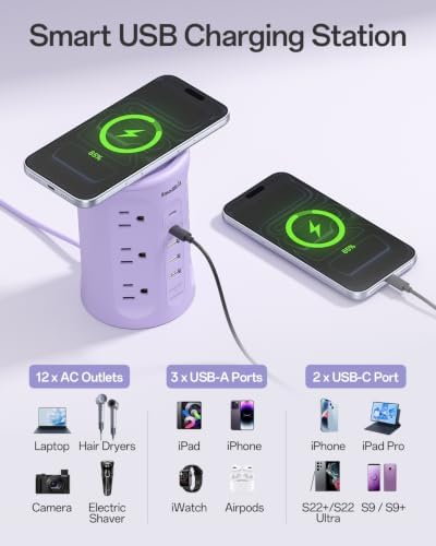 Power Strip with USB Ports,Extension Cord with Multiple Outlets (12AC+3A+2C), 6.5 FT Desk Purple Power Strip Tower Charging Station for Home, Office, College Dorm Essentials - Image 6