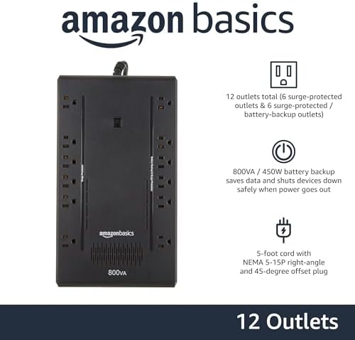 Amazon Basics UPS Battery Backup & Surge Protector, 800VA/450W, 12 Outlets, Standby Uninterruptible Power Supply, Compact, Black - Image 2