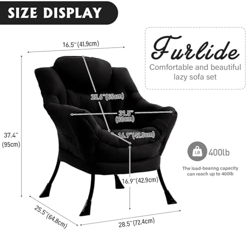 Furlide Lazy Chair for Living Room, Modern Accent Chairs with Armrests, Black Armchairs with Side Pocket, Cozy Lazy Sofa for Reading, Balcony, Bedroom, Dorm, Small Spaces - Image 3