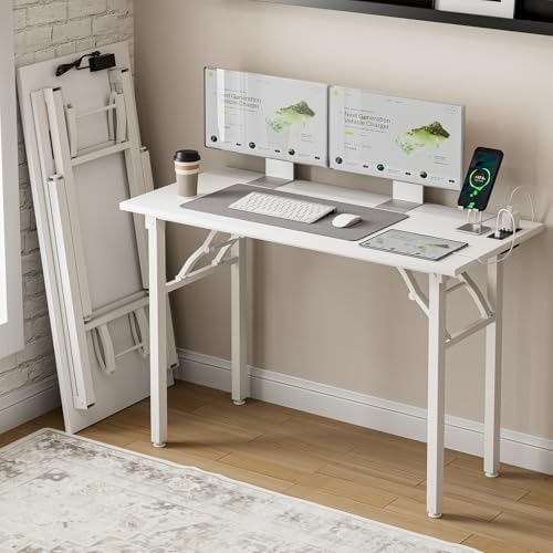 Frylr Small Folding Computer Desk – 43.3 Inch Portable Table for Craft and Study, Lightweight Desk for Small Spaces, Foldable Laptop Table Built-in AC/USB Outlets for Convenience, White Ash by Frylr