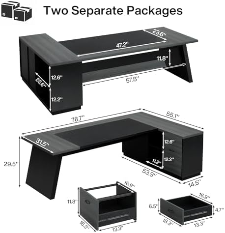 Tribesigns 78" L-Shaped Executive Desk, Large Modern Office Desk with Drawers and Lateral File Cabinet, Business Furniture with Storage Shelves, Big Computer Desk for Home Office (Grey + Blcak) - Image 2