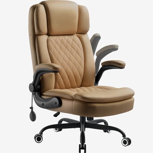 450 LBS Big and Tall Executive Office Chair with Flip up Arm, Heavy Duty Leather Computer Desk Chair,Comfortable High Back Swivel Home Office Chair with Rolling for Adults (Yellow) by Wailor