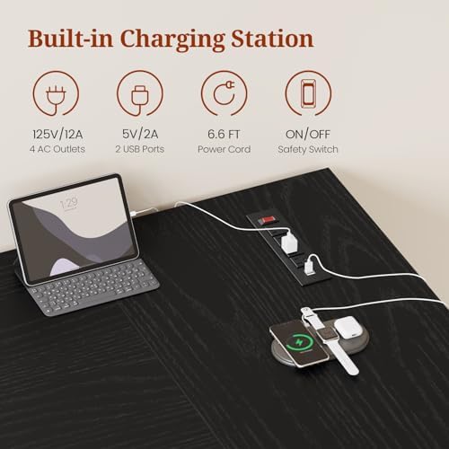UPOSOJA 63 in Executive Desk with Power Outlets, Modern Home Office Desk with Storage Cabinet, Wood Computer Desk Business Workstation Desk Conference Table Black - Image 3