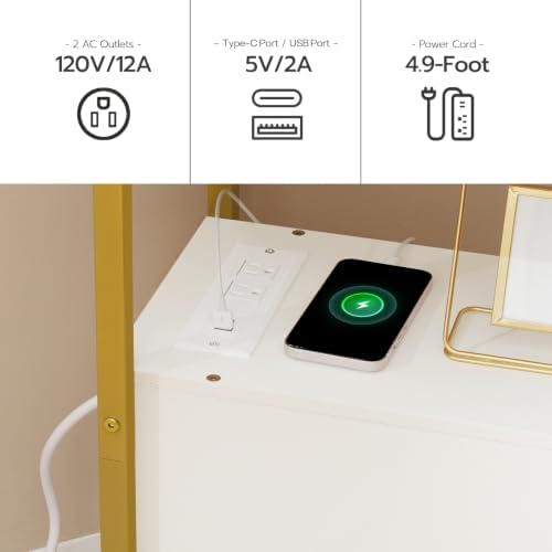 HOOBRO End Table with Charging Station, Narrow Side Table with 2 Drawer & USB Port & Power Outlets, Nightstand for Small Spaces, Stable and Sturdy, for Living Room, Bedroom, Gold and White DW541BZ01 - Image 4