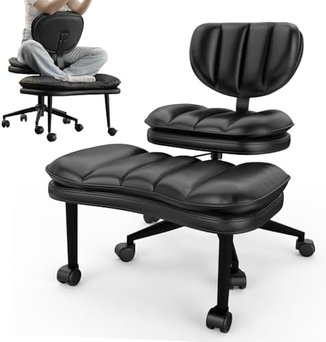 Cross Legged Office Chair, Ergonomic Cloud Criss Cross Desk Chair, Meditation Chair with Wheels, Height Adjustable Seat for ADHD, Wide Kneeling Chair with Back Support, Black by HOMRELEXA