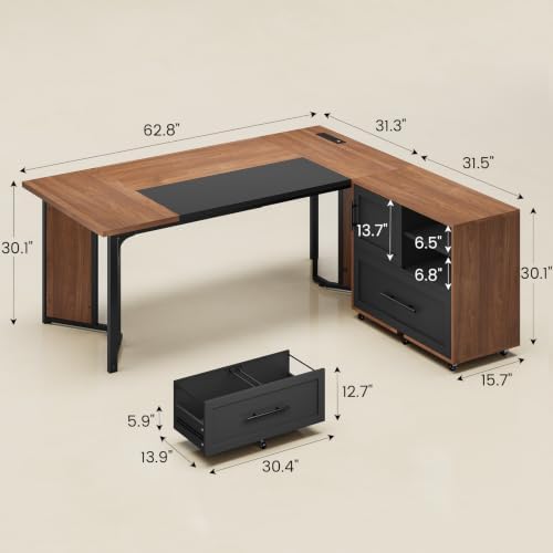 UPOSOJA 63" Executive Desk with Mobile File Cabinet, Large Office Desk with Drawer, Modern L Shaped Desk with Power Outlets, Storage Shelves, Corner Computer Desk Business Workstation Set (Walnut) - Image 2