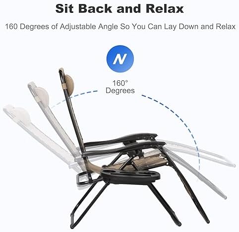 Nazhura Set of 2 Relaxing Recliners Patio Chairs Adjustable Steel Mesh Zero Gravity Lounge Chair Beach Chairs with Pillow and Cup Holder Khaki (Kahki) - Image 4