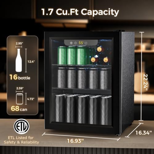 COWSAR Mini Fridge Cooler, 16 Bottle 68 Can Beverage Refrigerator with Glass Door for Wine Beer Soda, Wine Fridge with Touch Control Panel, Wire Shelving for Home Office Bar, 1.7 Cu. Ft - Image 5