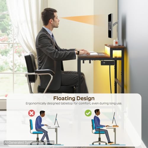 YATINEY Small Computer Desk with Charging Station and LED Lights, Gaming Desk with Monitor Stand, 2-Tier Home Office Desk with 4 Side Hooks, for Living Room, Home Office, Rustic Brown DN01UDBRY2 - Image 5