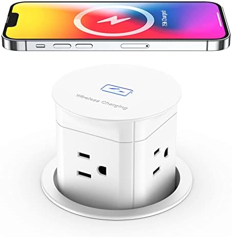 Jgstkcity Pop Up Outlet with 15W Wireless Charger,4 Outlets 15A, Splash Resistant,3 inch Desk Hole Power Grommet,Space Saver Outlet for Kitchen Countertop,Office Conference Table,ETL Listed by Jgstkcity