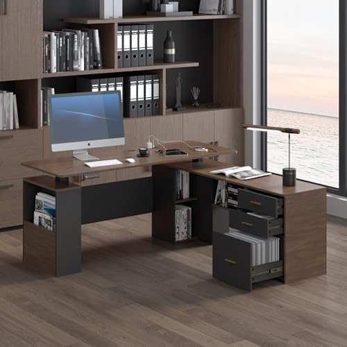 JOMEED 63" L Shaped Executive Standing Desk with Drawers,Brown and Black by JOMEED