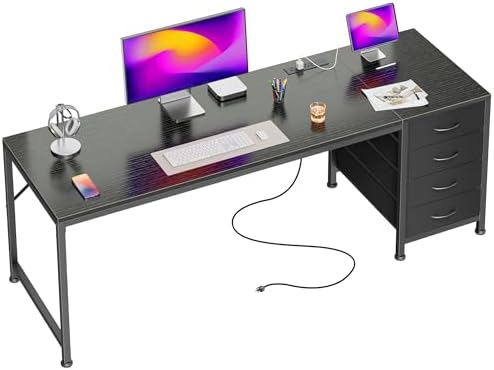 PRAISUN 63 Inch Computer Office Desk with Power Outelts and USB-C Port, Reversible Gaming Desk with 4 Fabric Drawers, Work Study Desk Work from Home, Black by PRAISUN