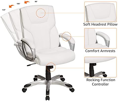 Amazon Basics Executive High Back Office Desk Chair, Adjustable Height, Tilt, Swivel, 275lb Capacity, Bonded Leather, White/Pewter - Image 5