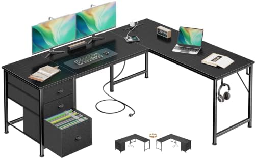Furologee 63" L Shaped Desk with Power Outlets & USB-C Port, Reversible Corner Computer Desk with 3 Fabric Drawers, Hooks, Home Office Desk for Gaming, Writing, Work, Black by Furologee