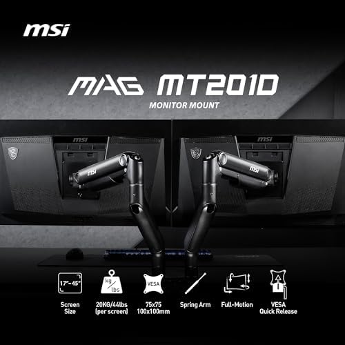 MSI MAG MT201D - Premium Heavy Duty Dual Monitor Stand Arms, 17-45" Support, VESA Compatible, Adjustable Spring Mount, 44 lbs per Screen, Clamp & Grommet, Quick Release Plate - Black - Image 2