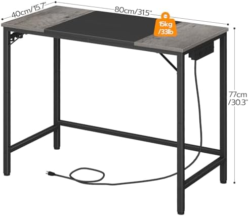 HOOBRO Computer Desk, 31.5 Inch Small Desk with Power Outlet, Writing Table with USB Charging Ports and 3 Hooks for Home Office, Bedroom, Easy to Assemble, Charcoal Gray and Black BC40UDN01 - Image 3