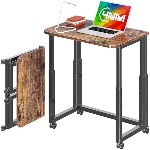 4NM No Tool Assembly 23.6" Small Desk, Folding Portable Desk with Wheels, Adjustable Height Foldable Computer Home Office Desks, Collapsible Study Writing Table for Space Saving Bedroom - Rustic Brown by 4NM