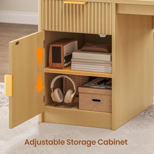 SEDETA 67" x 65" L Shaped Desk with Hutch, RGB LED Corner Computer Desk with Power Outlets, Fluted Home Office Desk with File Drawer, Storage Cabinet & Glass Display Cabinet for Gaming & Working, Oak - Image 6