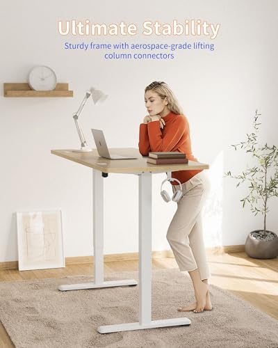 YIHAYO Electric Standing Desk, 48 x 24 Inches Stand Up Desk with Splice Board, Adjustable Height Desk, Computer Desk for Home Office, White Frame/Natural Top - Image 3