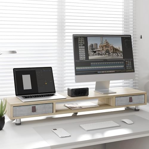 Fenge Dual Monitor Stand, 2-Tier Desk Organizer with Drawers, 42.5in, Oak - Image 2