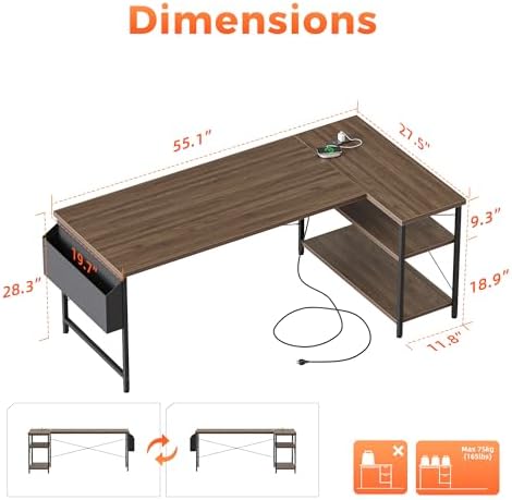 Mericonia 55 inch L Shaped Gaming Desk, Large Corner Desk with Shelves - Image 2