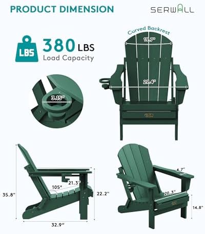 SERWALL Folding Adirondack Chair Set of 2 with Cup Holder, Fire Pit -Green - Image 3