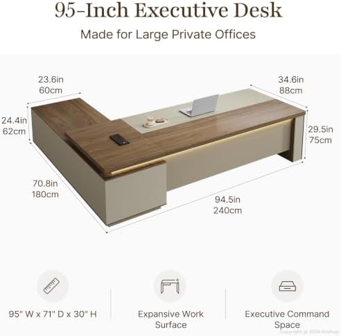 95" Reversible L-Shaped Executive Desk with Drawers – Luxury Office Desk with Open Shelves, LED Lighting, Built-in Outlet & USB Ports for Home, Office, Corporate, School (Black Walnut & Khaki) - Image 2
