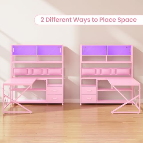 SEDETA L Shaped Gaming Desk with Storage Shelves, 2 Drawer, LED Light - Image 3