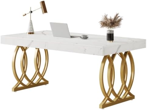 Tribesigns 63-Inch Executive Desk, Modern Office Computer Desk with Stylish Gold Legs, Rectangular Workstation for Home Office, Small Conference Table for Meeting Room (White & Gold) by Tribesigns