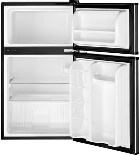 GE Mini Fridge With Freezer | 3.1 Cubic Ft. | Double-Door Design With Glass Shelves, Crisper Drawer & Spacious Freezer | Small Refrigerator Perfect for the Garage, Dorm Room, or Bedroom | Clean Steel - Image 3