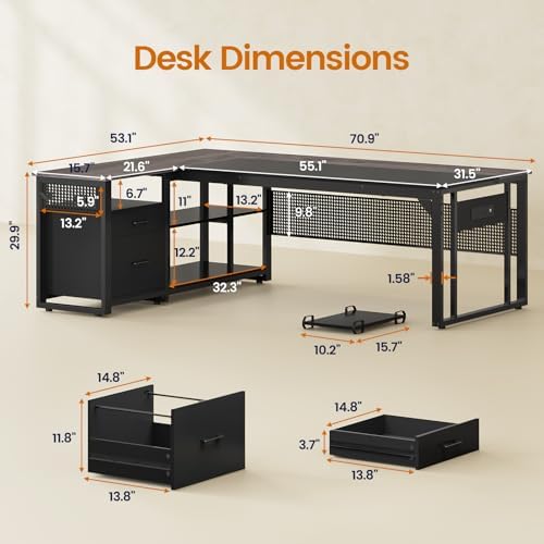 UPOSOJA 71" L Shaped Executive Desk, Office Desk with Storage Drawers - Image 2