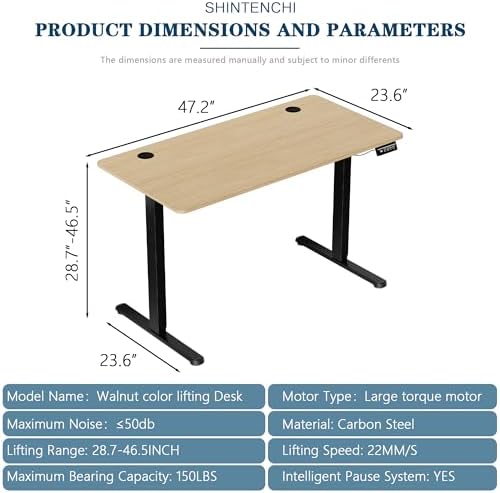 Shintenchi Standing Desk, Height Adjustable Electric Sit Stand up Desk, Ergonomic Rising Computer Table, 48x24 Inch Modern Lift Gaming Desk Workstation for Home Office, Black & Walnut - Image 3