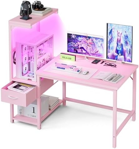 Grandder Gaming Desk 47 Inch with CPU Stand and LED Light, Computer Desk with Reversible Shelves and Storage Drawer, Pc Small Desk for Home Office Table with Bag, Pink by Grandder