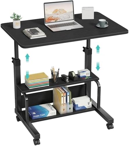 WINAZ Small Portable Rolling Kids Desk - 32" Mobile Laptop Desk with Wheels for Small Spaces, Height Adjustable C Shaped Side Table with 2-Tier Storage Shelves, Black by Unknown