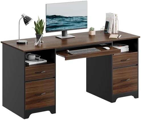 Bestier 59” Computer Desk with 4 Drawers, Office Desk with Storage, Industrial Executive Desk with File Drawer, Keyboard Tray & 2 Pedestals for Home Office & Studio, Cherry by Bestier