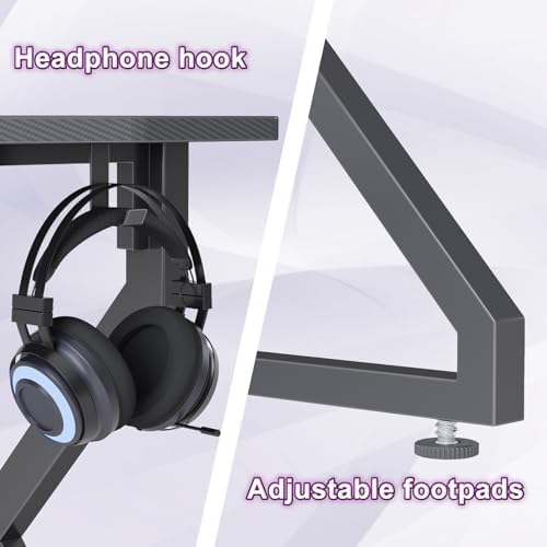 Grandder Gaming Desk Z Shaped 47 Inch Gamer Workstation, Home Computer Carbon Fiber Surface Gaming Desk PC Table with Headphone Hook, Carbon Fiber Grey - Image 5