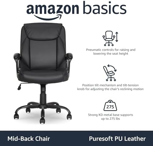 Amazon Basics Classic Puresoft PU Padded Mid-Back Office Desk Chair with Armrest, Easy Assembly, Sturdy Metal Base, Wheels, 275lb Support, 26"D x 23.75"W x 42"H, Black - Image 4