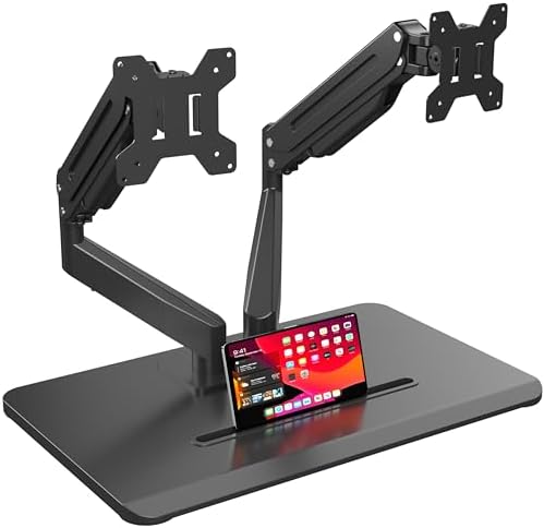 suptek Dual Monitor Mount Gas Spring Monitor Arm Desk Stand with Base,Free Standing Pneumatic Height Adjustable Monitor Stand for 17 to 34 inch,Holds up to 24.25 lbs,Black(ML8SPX) by suptek