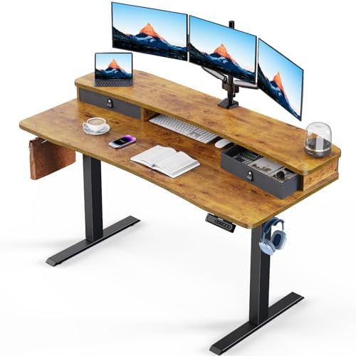 HUANUO 55″ x 26″ Electric Standing Desk with 2 Drawers, C-Clamp Mount Compatible, Height Adjustable Computer Desk, Home Office Stand Up Desk with 4 Preset Heights & 2 Hooks, Vintage Brown by HUANUO