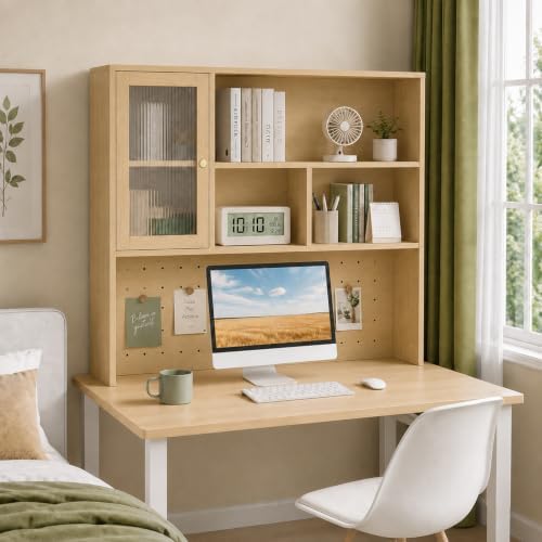LINLIUA Desktop Bookshelf, Desk Hutch Dorm with Pegboard, Desk Shelves for Top of Desk, Wood Desktop Storage Rack with Cabinet Door, Countertop Bookcase for Office Dorm Home Study by LINLIUA