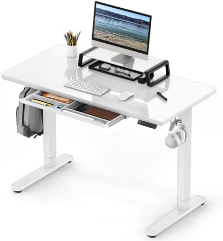 SHW 48-Inch Glass Electric Height Adjustable Standing Desk, White by SHW