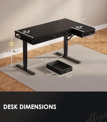 OffiGo 55 Inch L Shaped Electric Standing Desk with 4 Drawers, Black - Image 3